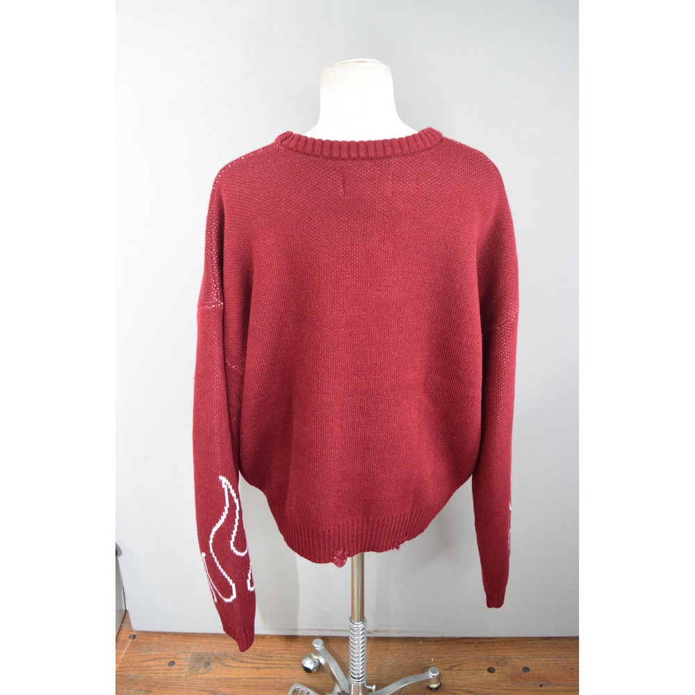PacSun Flame Sweater Small Burgundy Distressed Hem Graphic Knit Mens Streetwear - Picture 3 of 6